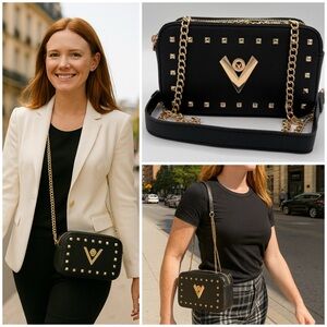 Valentino Orlandi Black and Gold Studded Camera Bag